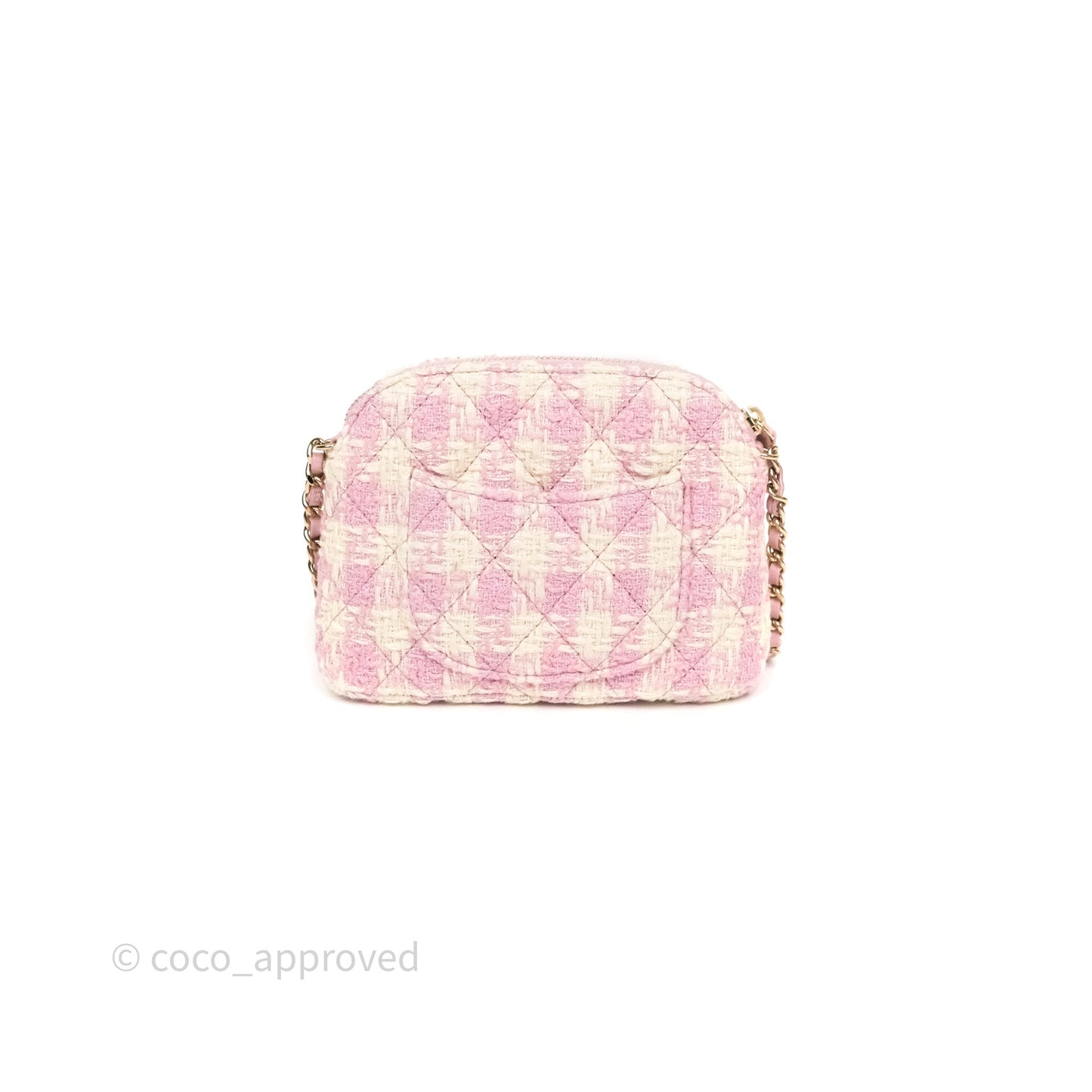 Chanel Mini Pouch On Chain White Pink Houndstooth Tweed Gold Hardware