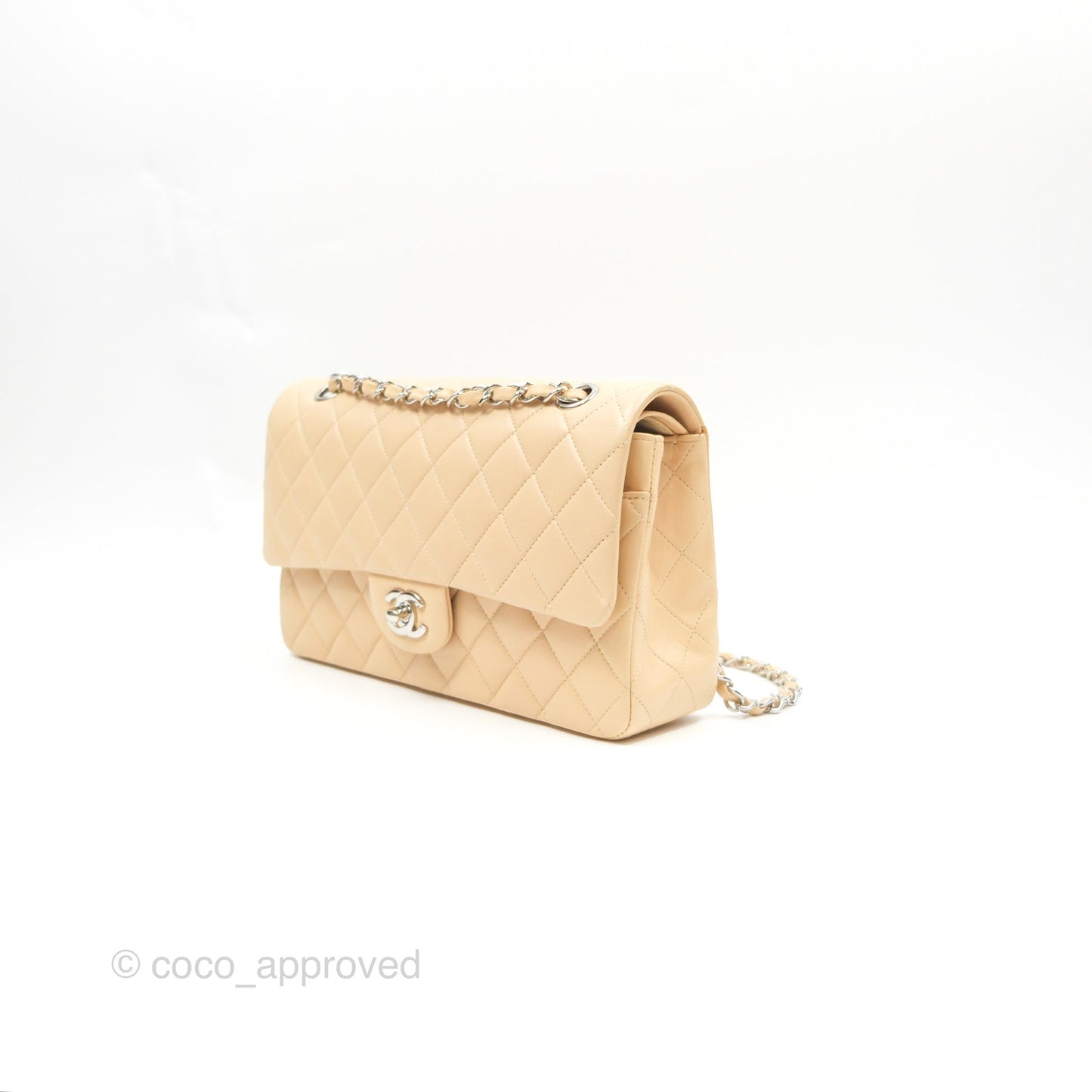 Chanel Classic M/L Medium Flap Quilted Beige Lambskin Silver Hardware