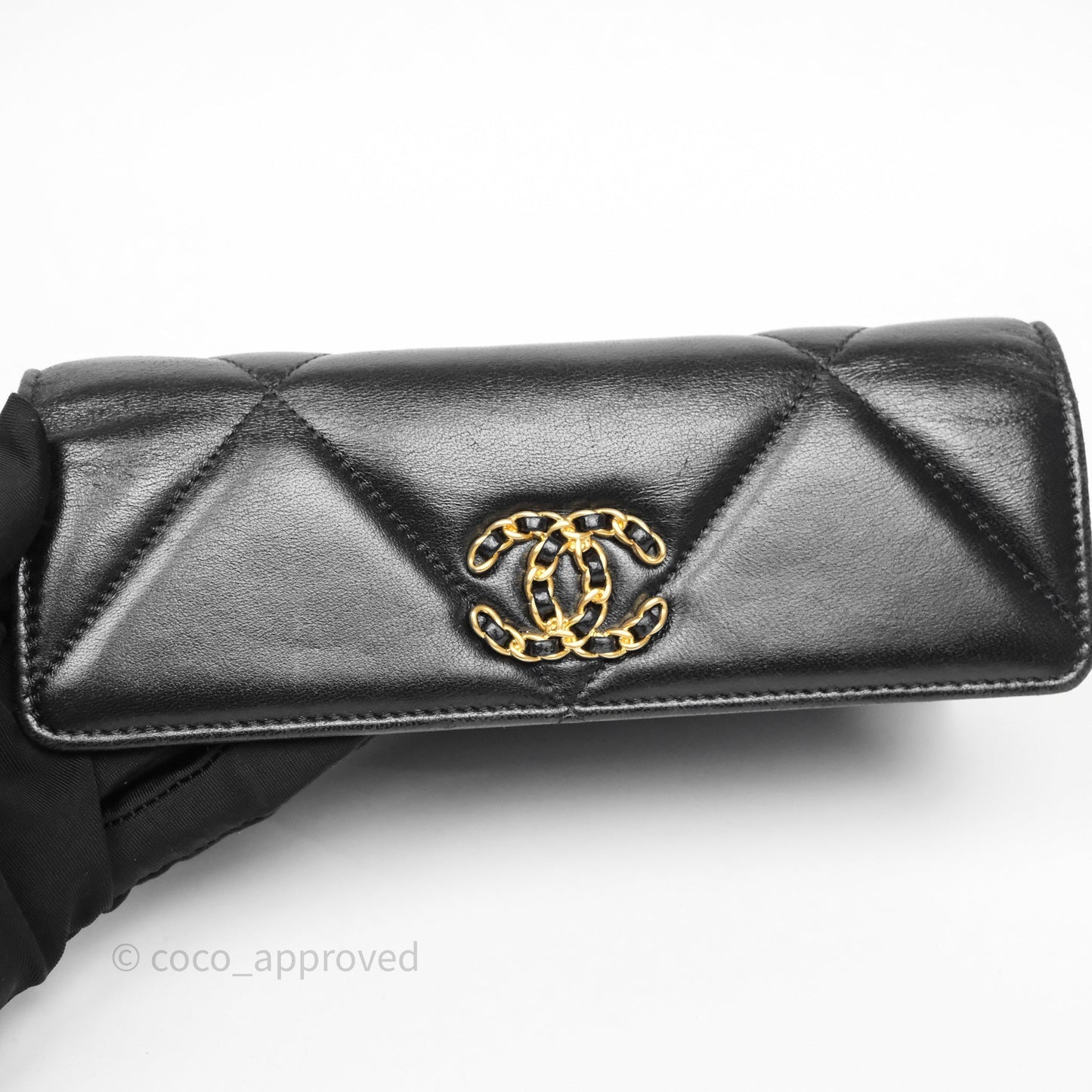 Chanel Quilted 19 Flap Long Wallet Black Lambskin Aged Gold Hardware