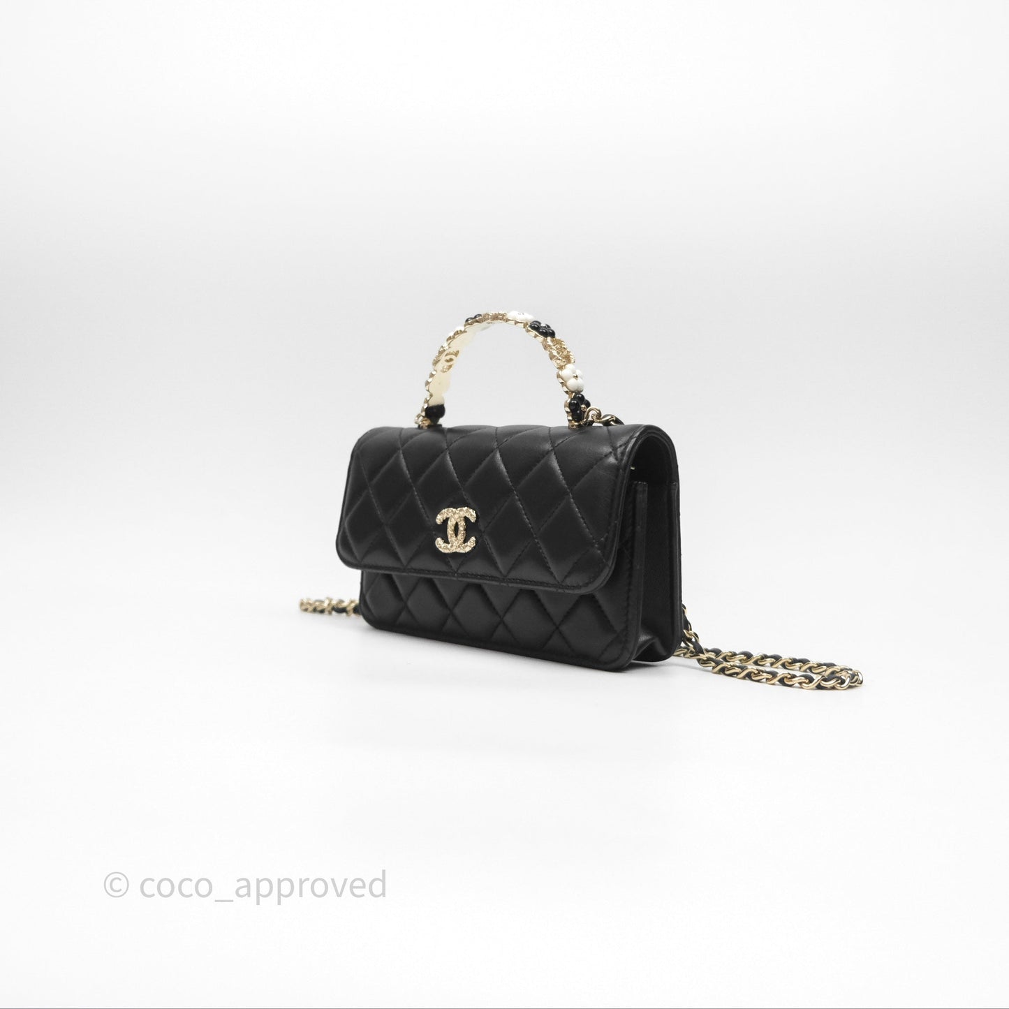 Chanel Camellia Handle Mini WOC Phone Holder with Chain Black Lambskin 23K