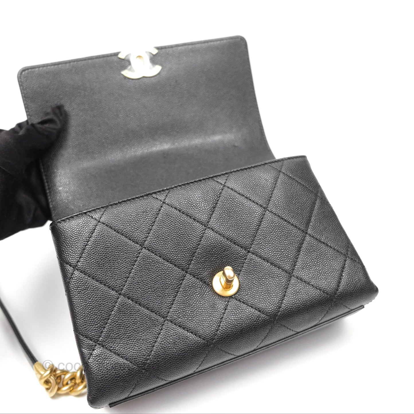 Chanel Bracelet On Chain Flap Bag Flat Quilted Black Caviar Aged Gold Hardware