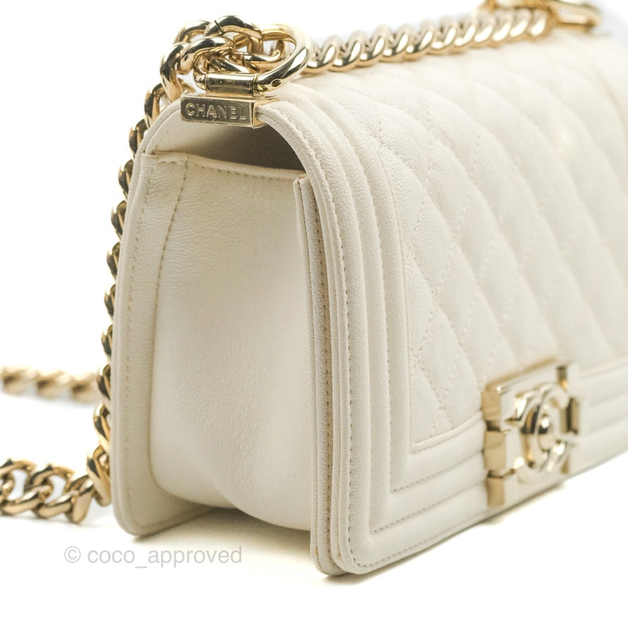 Chanel Small Boy White Caviar Gold Hardware