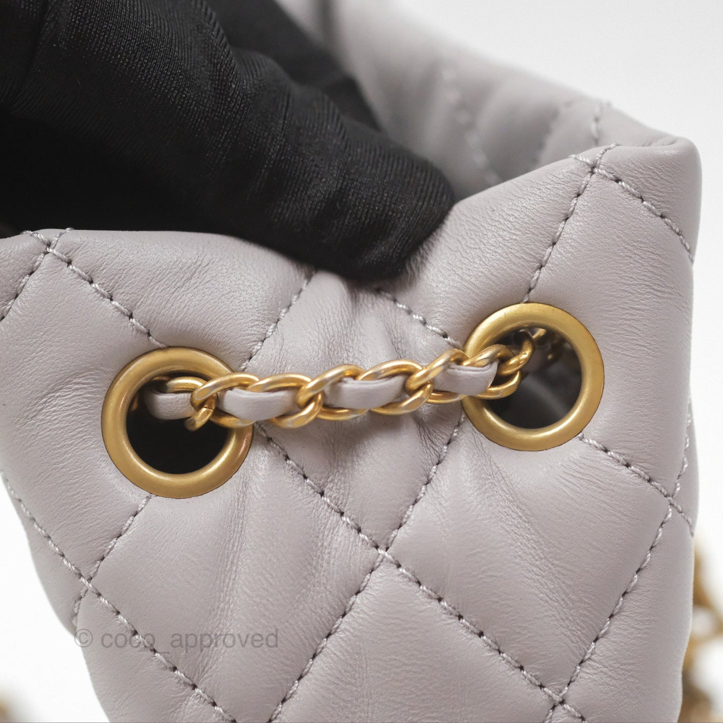 Chanel Pearl Crush Drawstring Bucket Bag Grey Lambskin Aged Gold Hardware