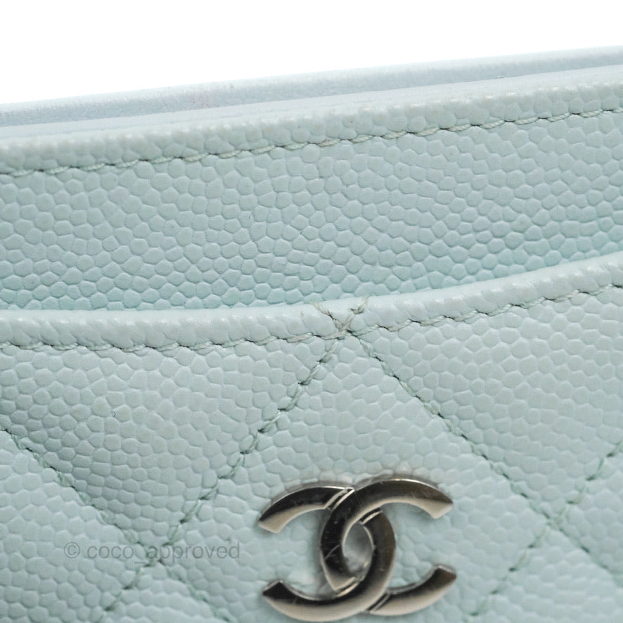 Chanel Classic Caviar Flat Card Holder Blue Gold Hardware