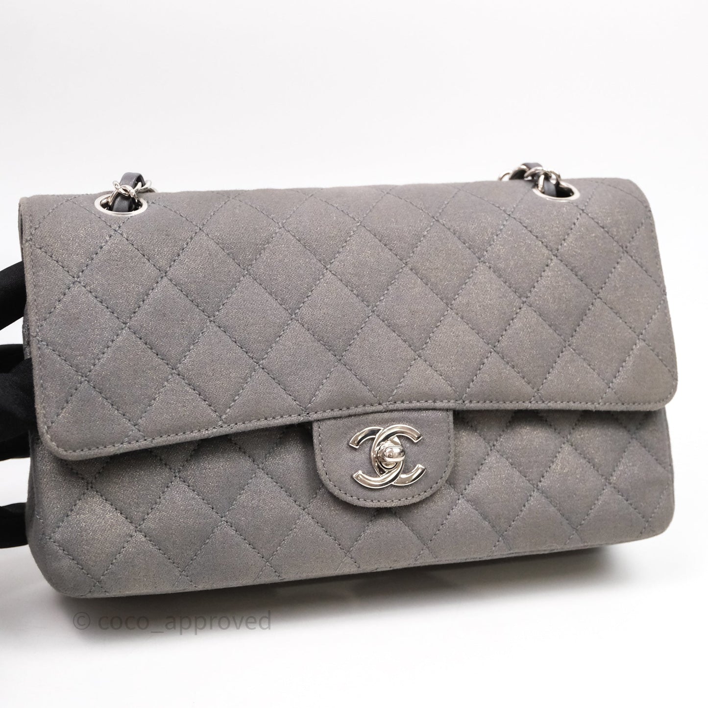 Chanel Classic M/L Medium Flap Quilted Iridescent Metallic Grey Canvas Silver Hardware