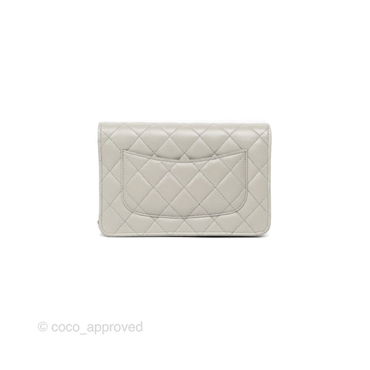 Chanel Classic Quilted Wallet on Chain WOC Light Grey Lambskin Gold Hardware