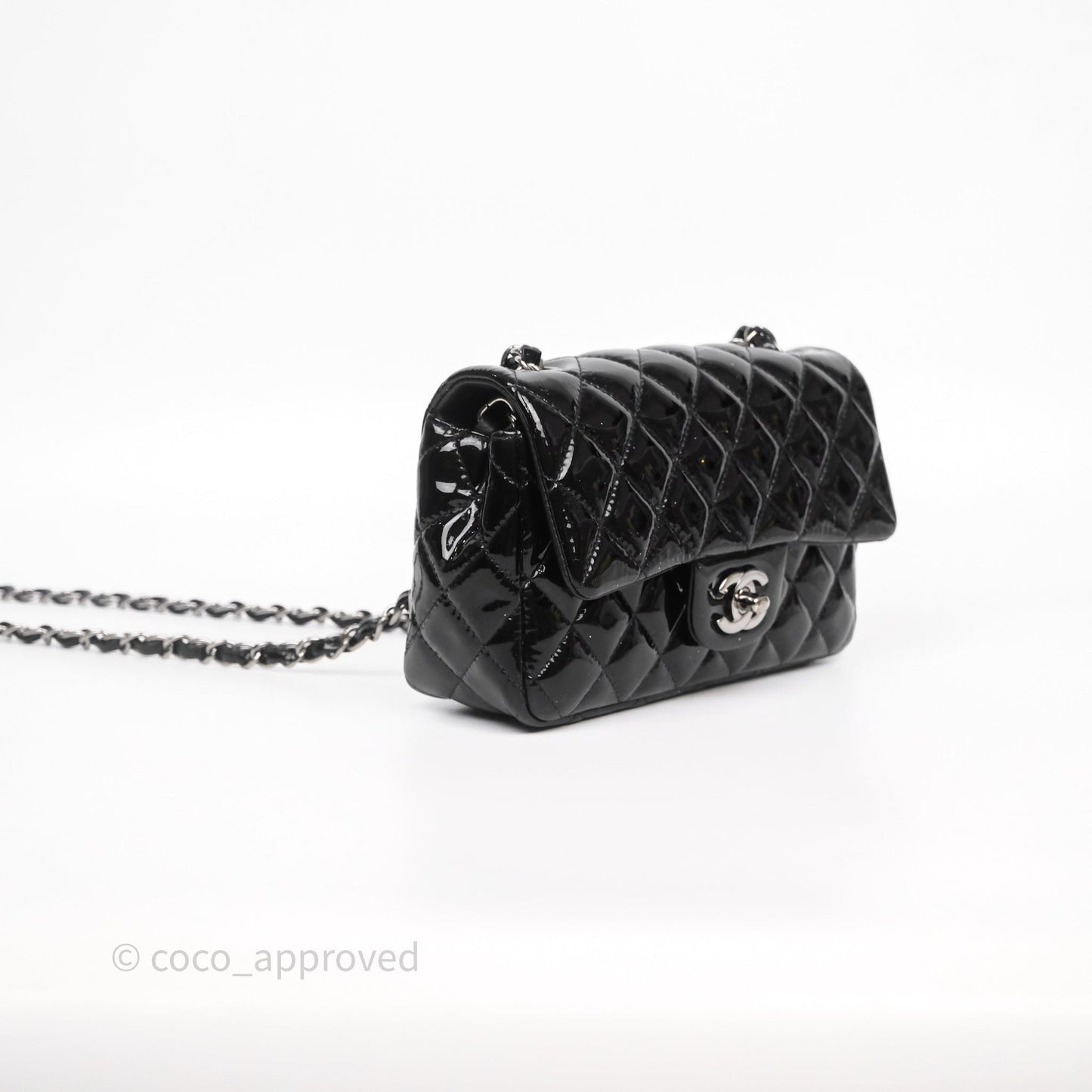 Chanel Quilted Mini Rectangular Flap Black Patent Silver Hardware