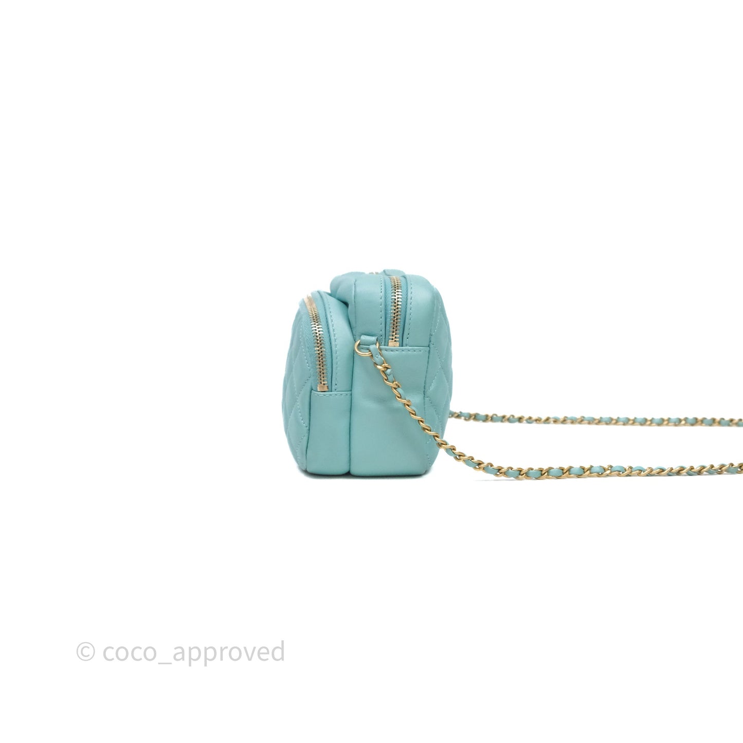 Chanel Camera Bag Quilted Pearly Turquoise Lambskin Aged Gold Hardware