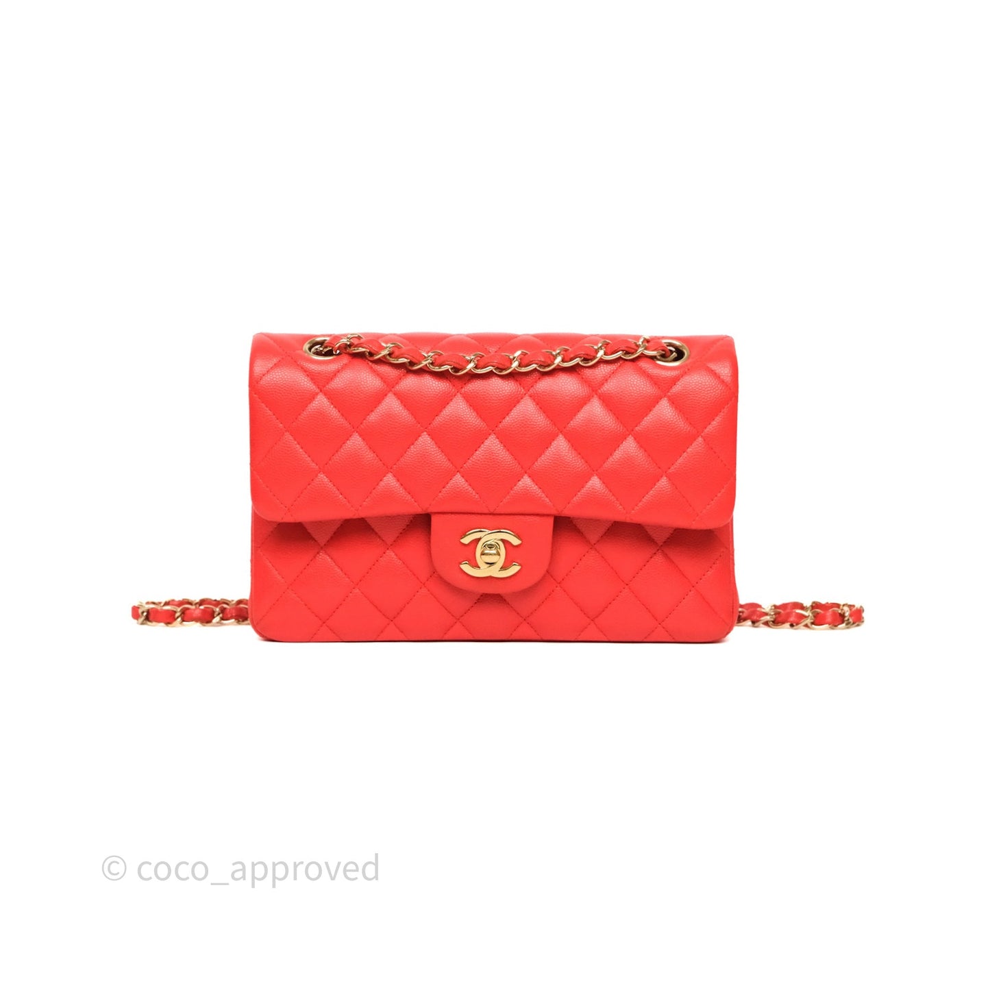 Chanel Small Classic Flap Quilted Red Orange Caviar Gold Hardware