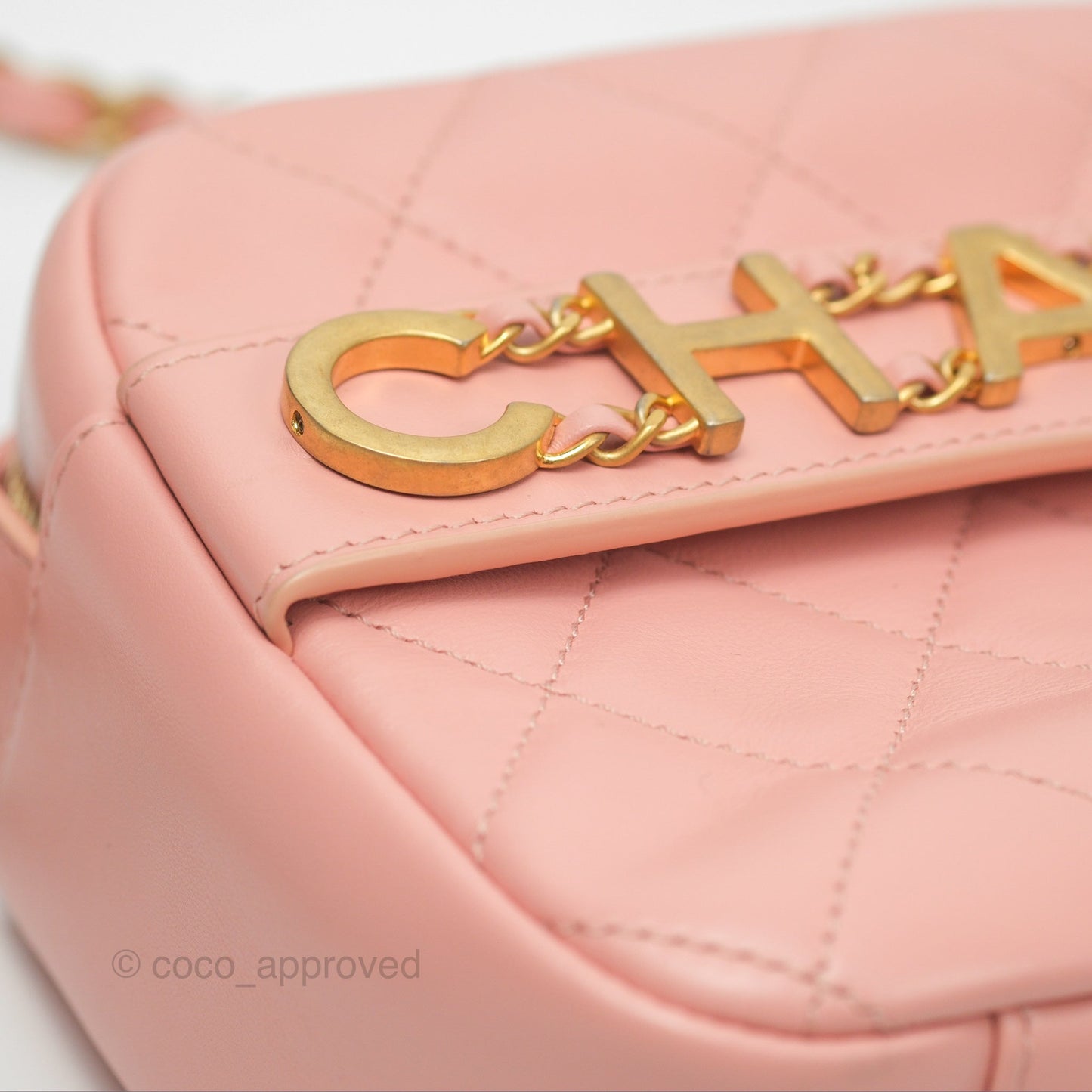 Chanel Logo Enchained Camera Bag Pink Calfskin Aged Gold Hardware