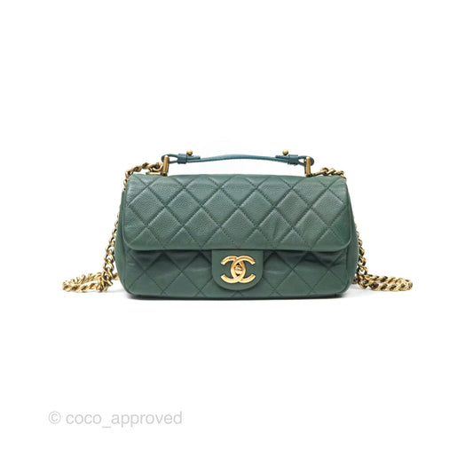 Chanel Globe Trotter Flap Bag Dark Green Caviar Aged Gold Hardware