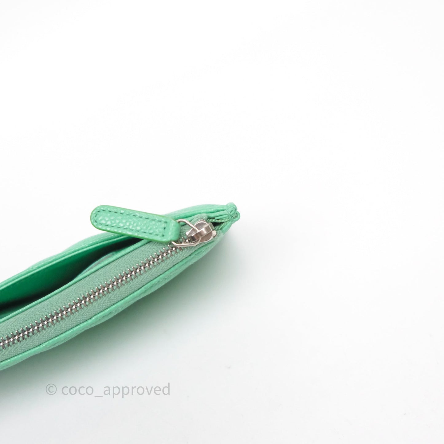 Chanel Long Zip Chevron Green Wallet Silver Hardware