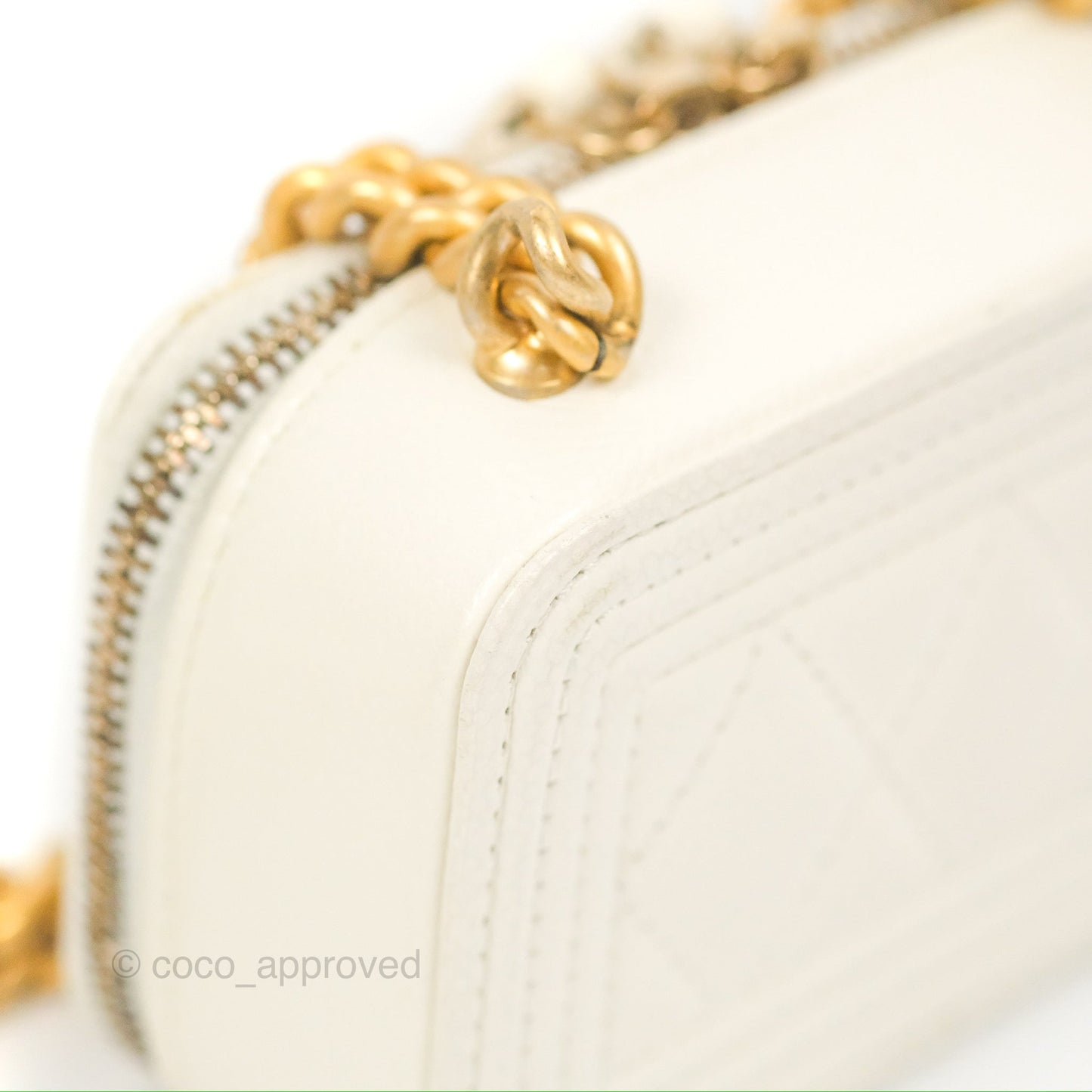 Chanel Mini Boy Clutch with Chain White Caviar Aged Gold Hardware