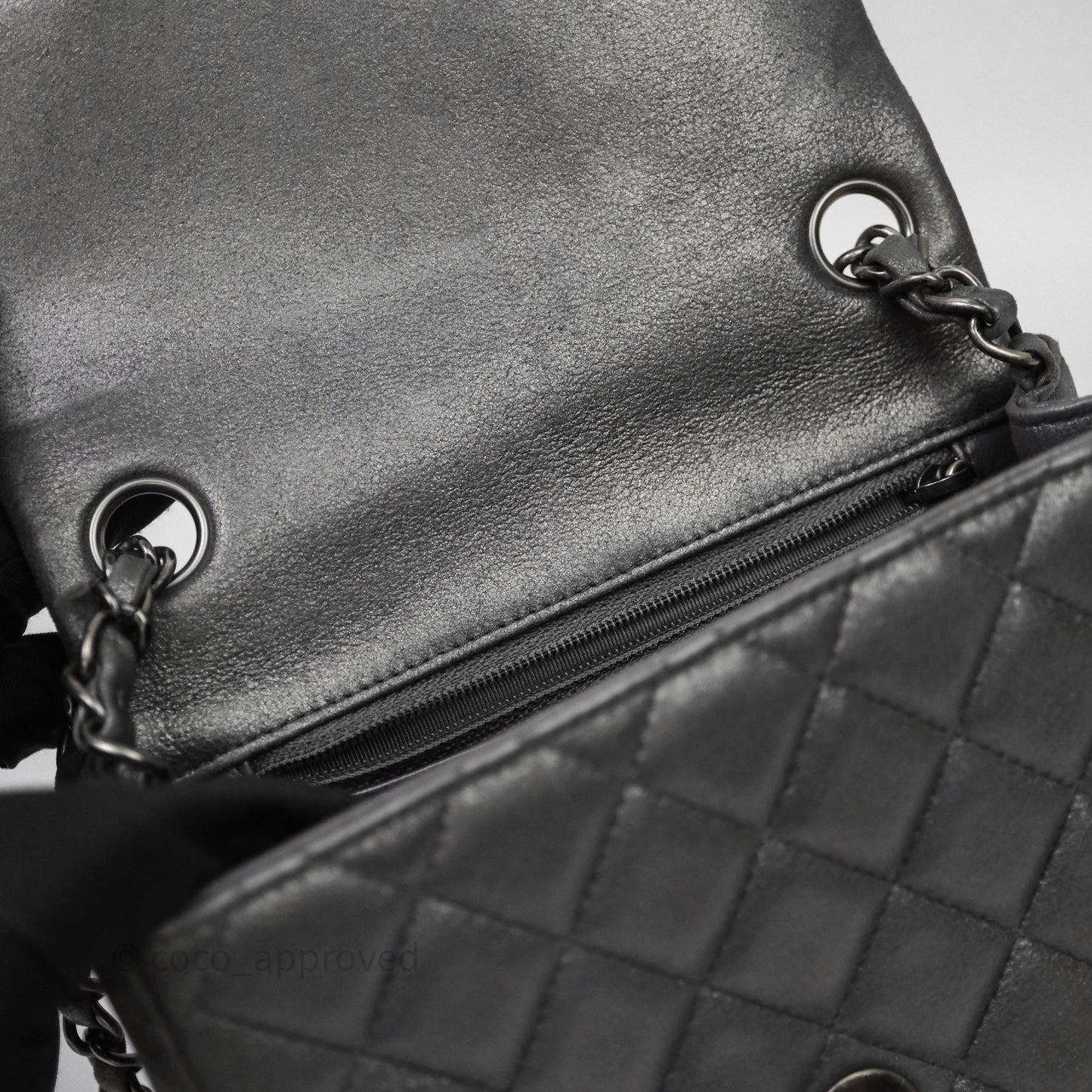 Chanel Mini Square Iridescent Grey Suede Gun Metal Hardware