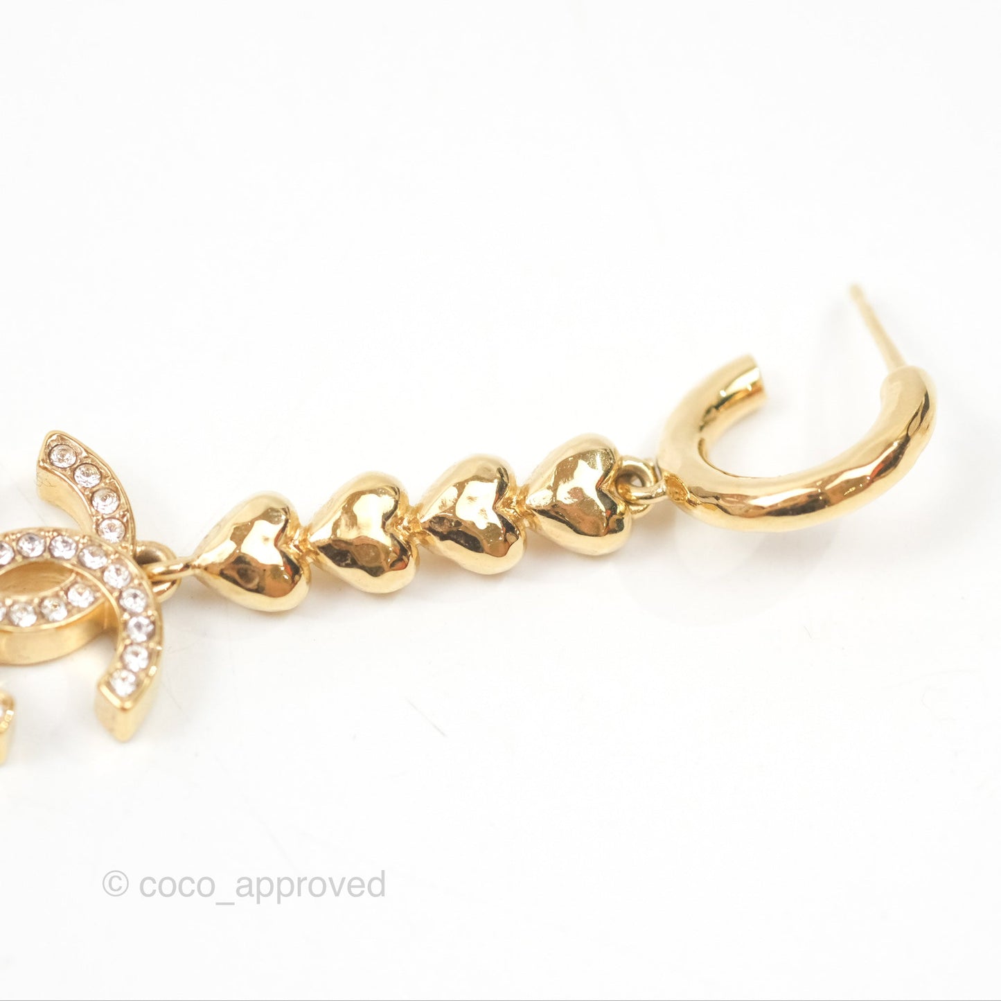 Chanel Crystal CC Heart Drop Earrings Gold Tone 23P