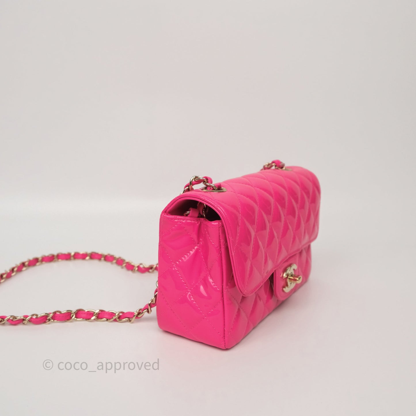 Chanel Quilted Mini Rectangular Flap Neo Pink Patent Gold Hardware