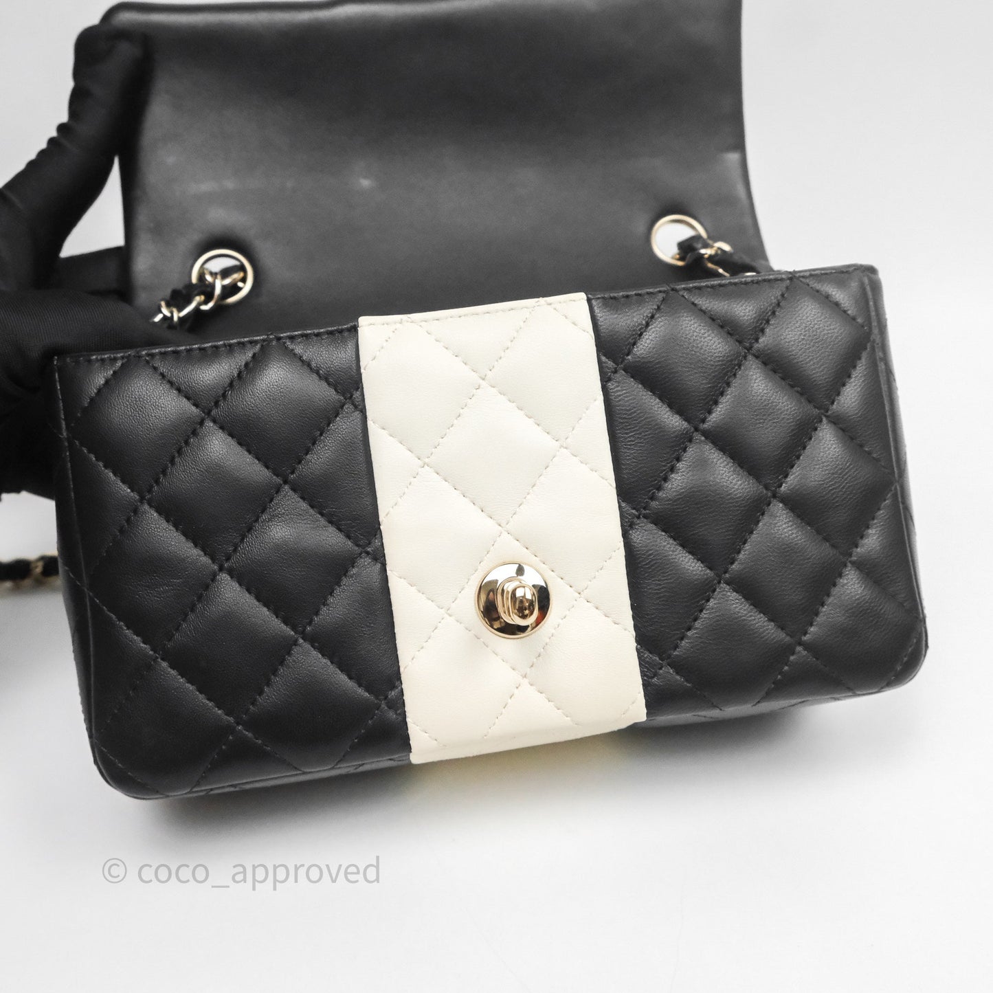 Chanel Mini Rectangular Flap Quilted Black White Lambskin Gold Hardware