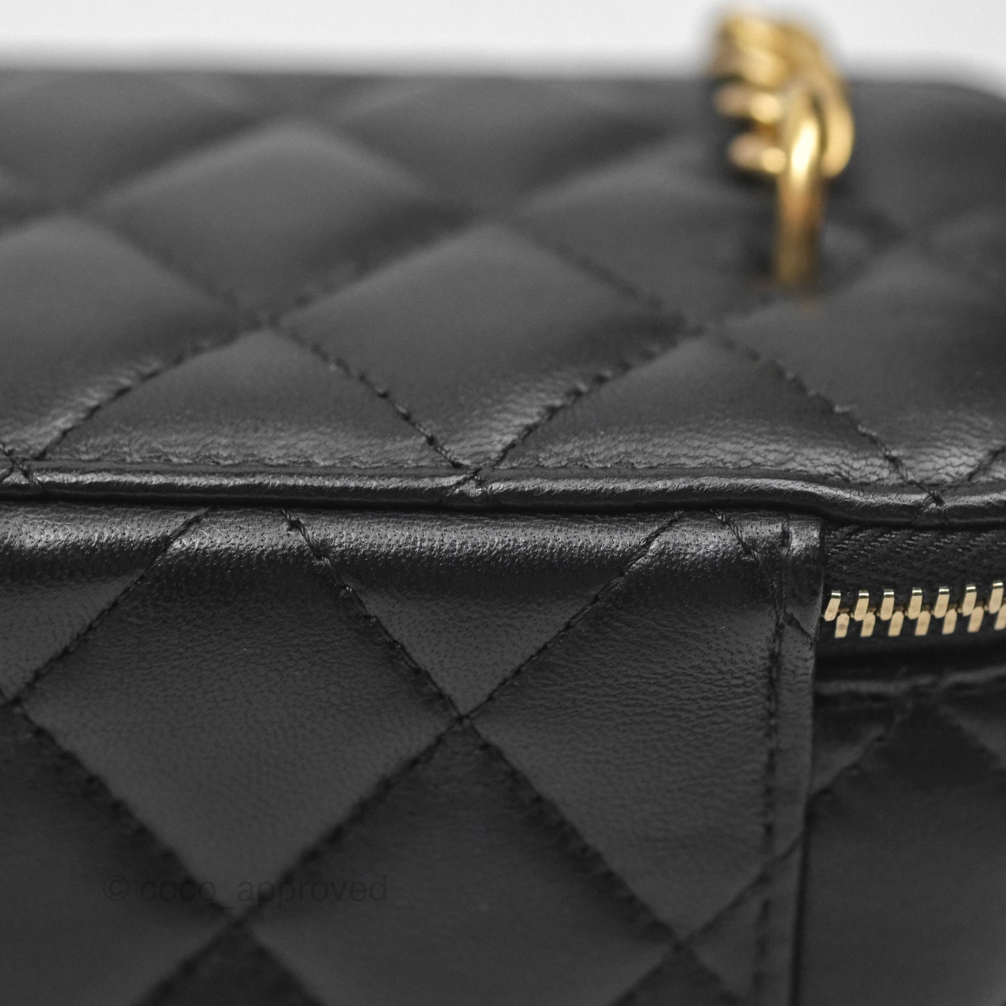 Chanel Quilted Vanity Rectangular with Camellia Adjustable Chain Black Lambskin 23S