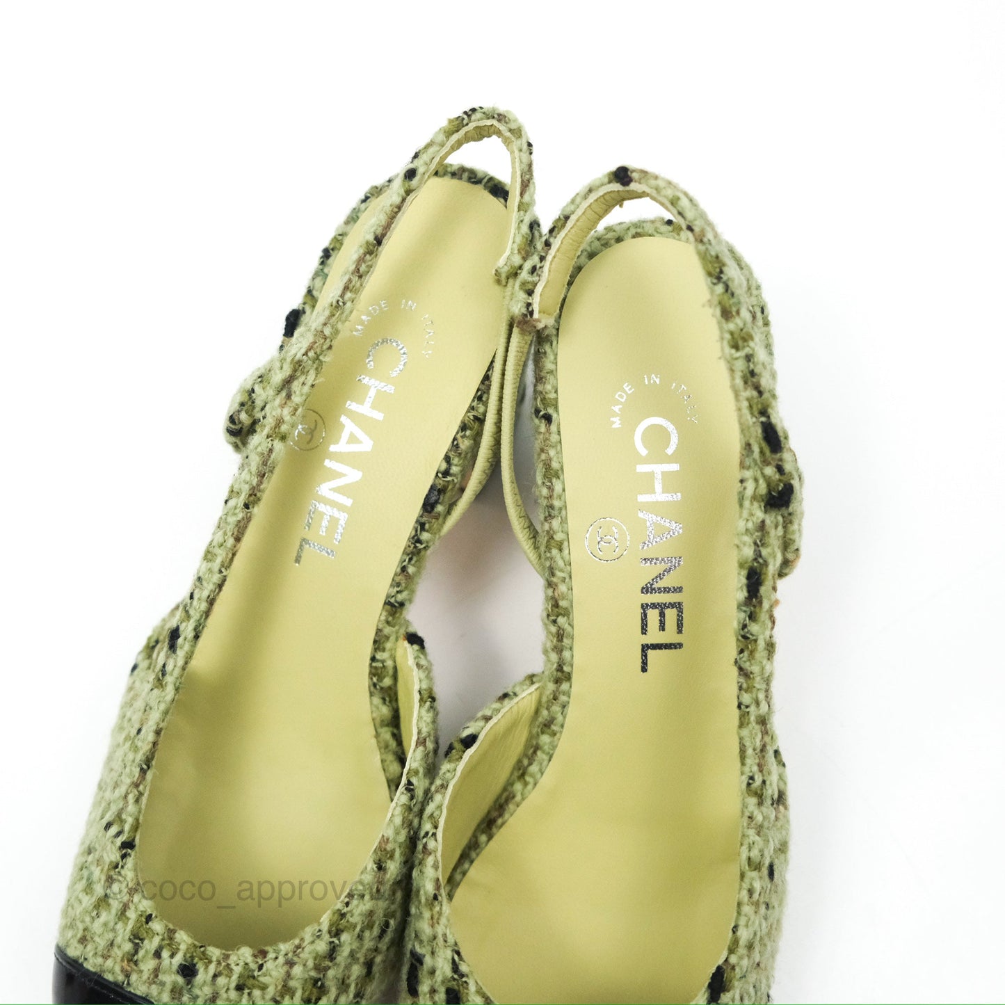 Chanel Classic Slingback Pumps Tweed Patent Green Black