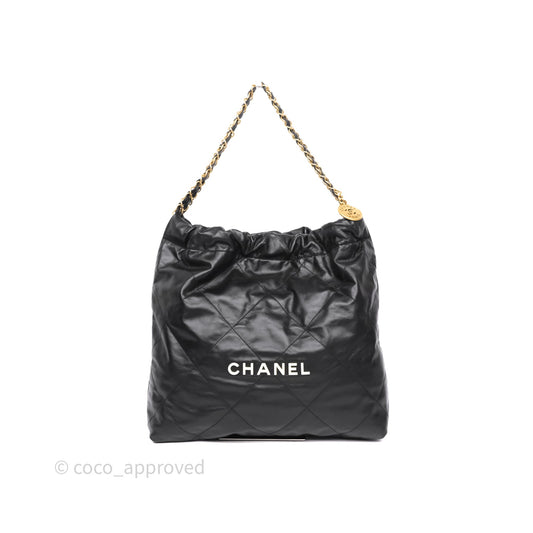 Chanel 22 Medium Black Crumpled Calfskin Aged Gold Hardware