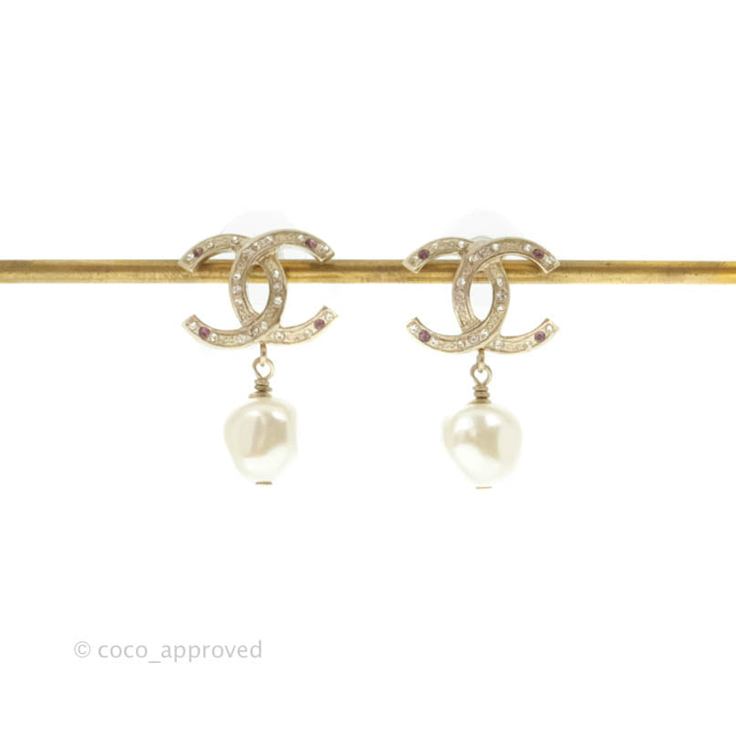 Chanel CC Crystal Drop Pearl Earrings Gold Tone 12A