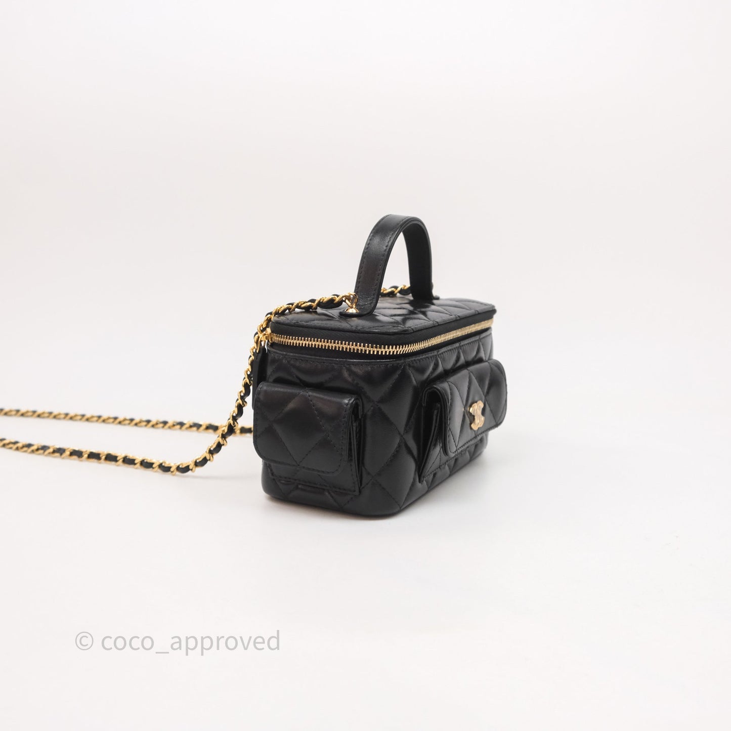 Chanel Quilted Top Handle Pocket Vanity Case Black Shiny Lambskin Bag Gold Hardware