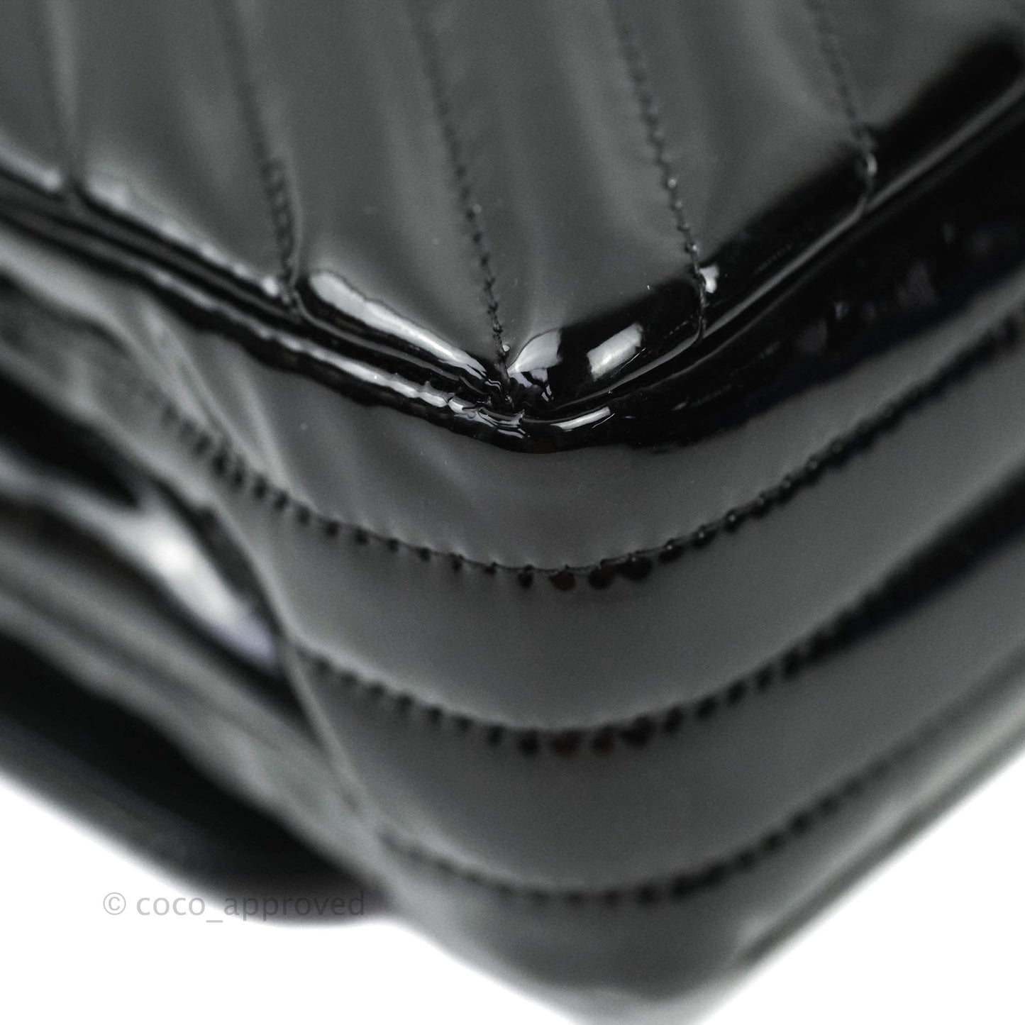 Chanel Classic Chevron M/L Medium Double Flap Black Patent Silver Hardware