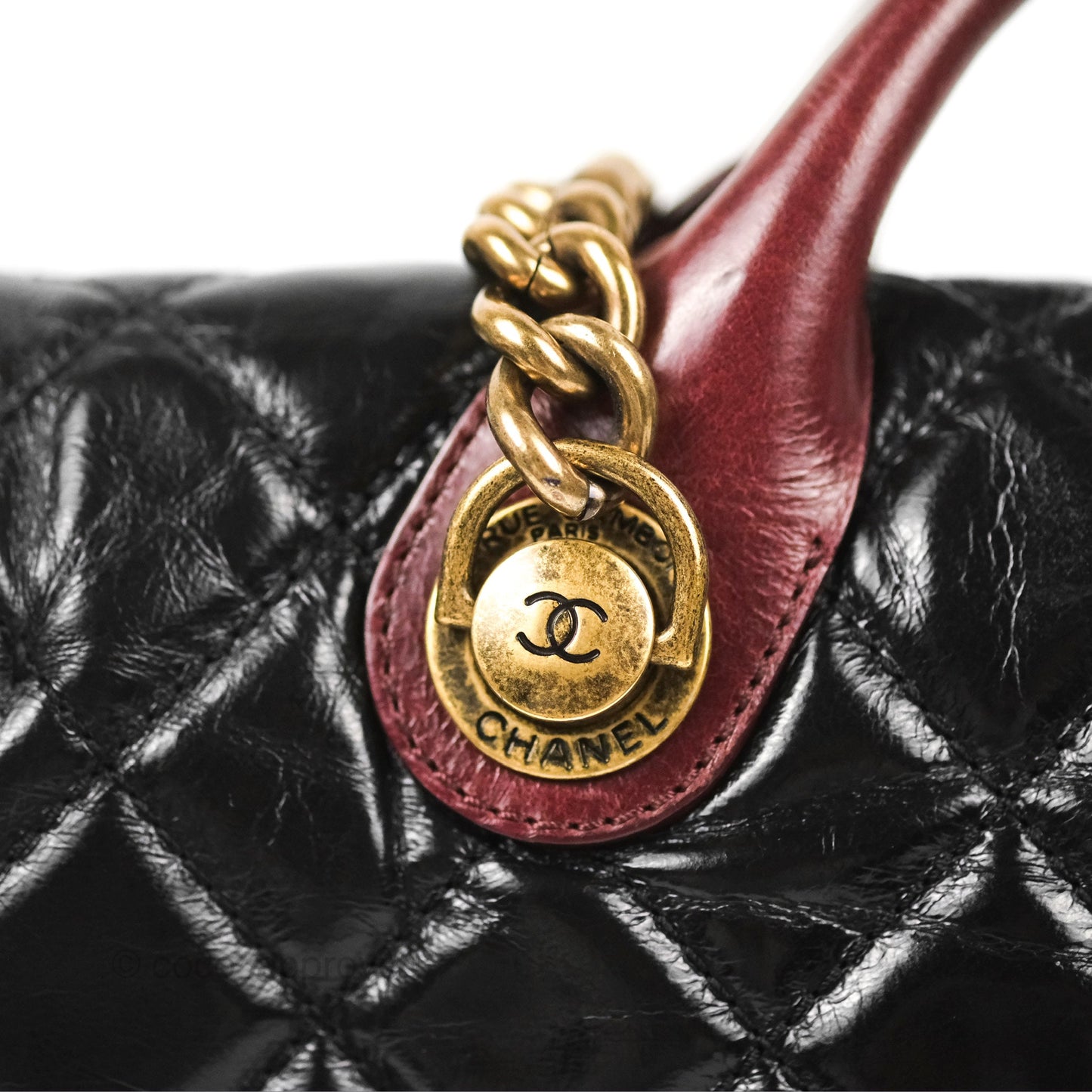 Chanel Large Castle Rock Flap Bag Black Glazed Aged Calfskin Burgundy Handle