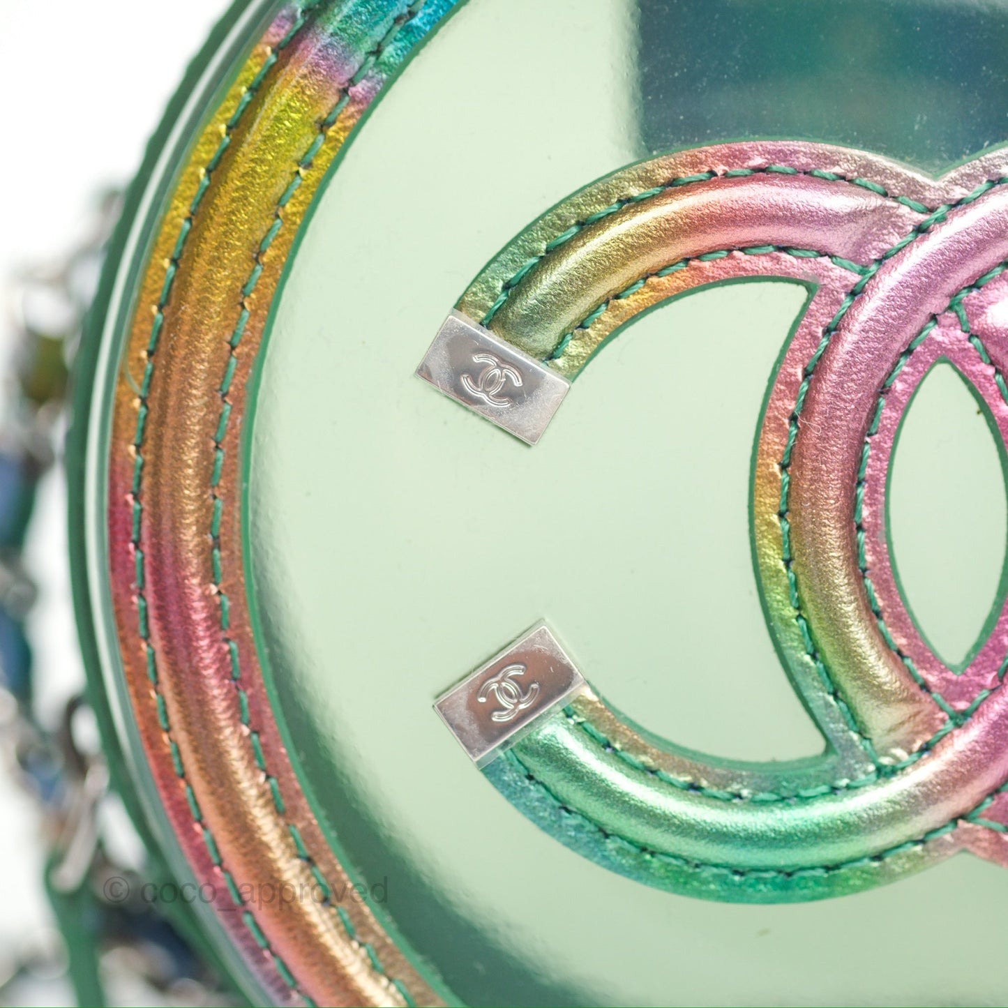Chanel Filigree Rainbow Green PVC Round Clutch With Chain Silver Hardware 20C