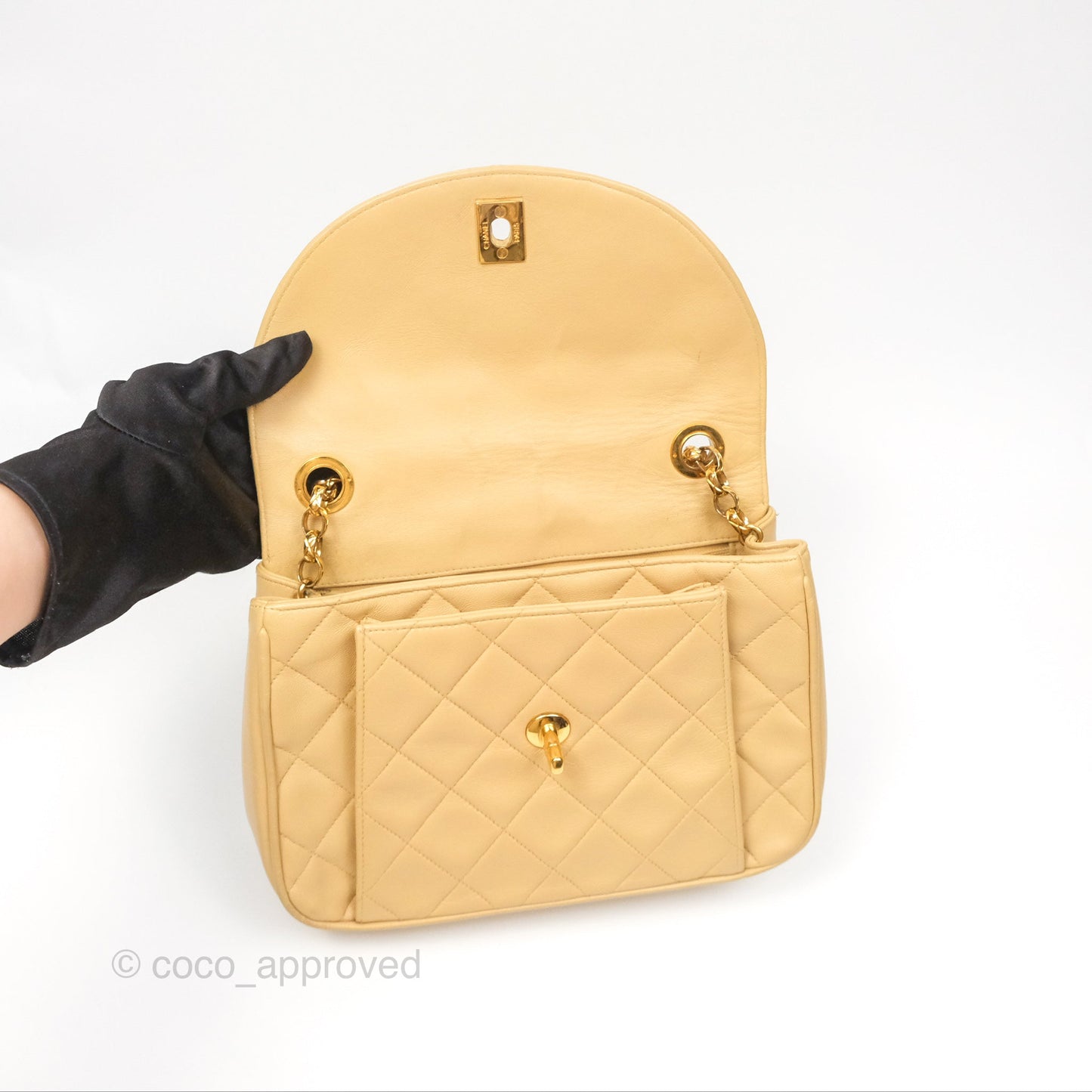 Chanel Vintage Round Flap Bag Quilted Beige Lambskin Gold Hardware