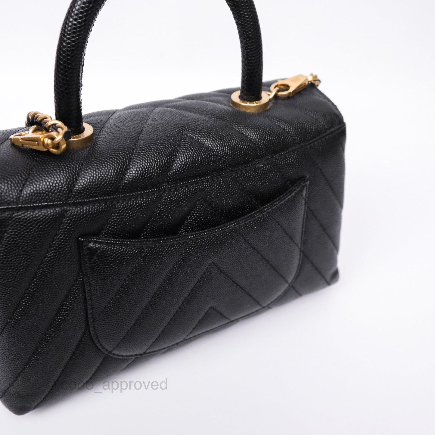 Chanel Small Coco Handle Chevron Black Caviar Aged Gold Hardware Lizard Handle