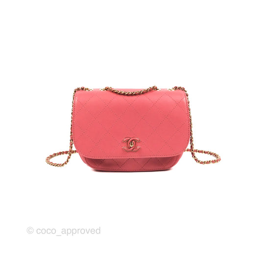 Chanel Small Flat Quilt Round Flap Bag Pink Calfskin Gold Hardware