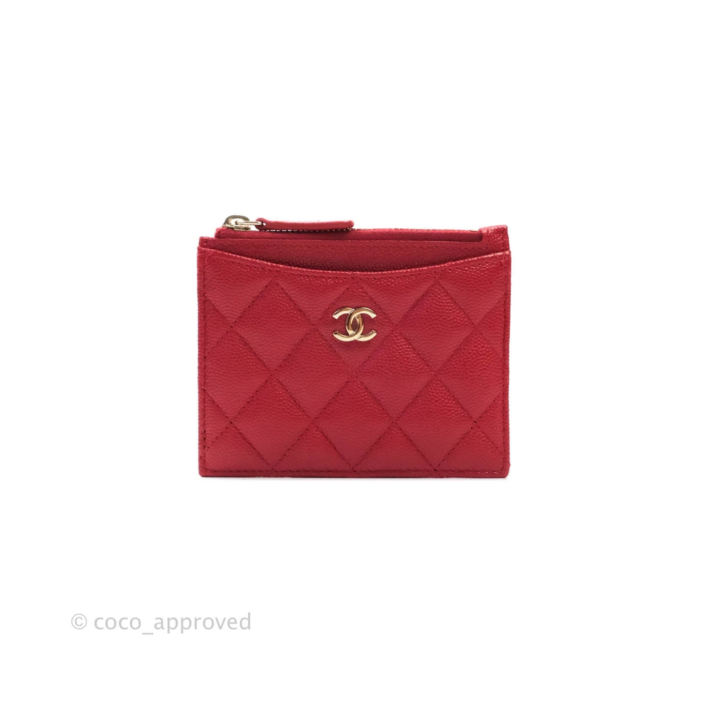 Chanel Quilted CC Zipped Card Holder Caviar Red Gold Hardware
