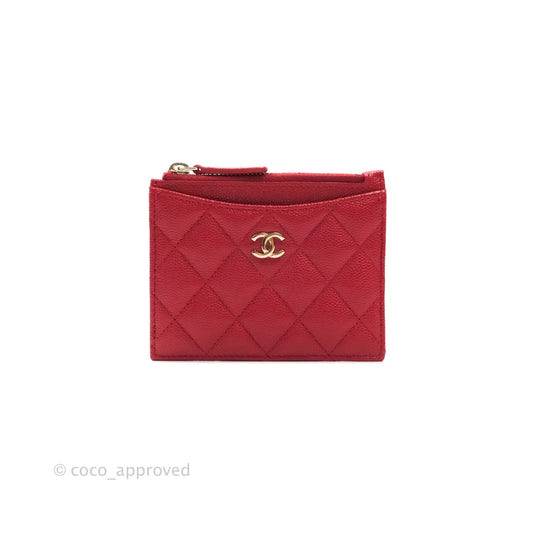 Chanel Quilted CC Zipped Card Holder Caviar Red Gold Hardware