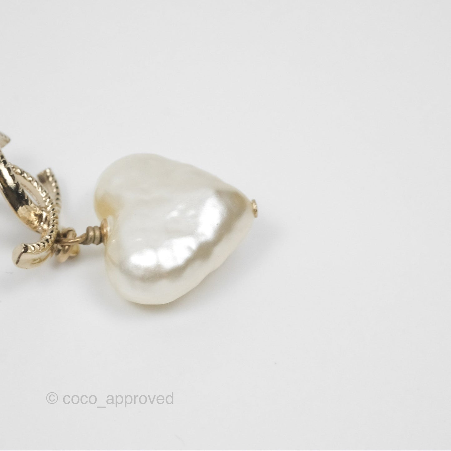 Chanel CC Pearl Heart Drop Earrings Gold Tone 22C
