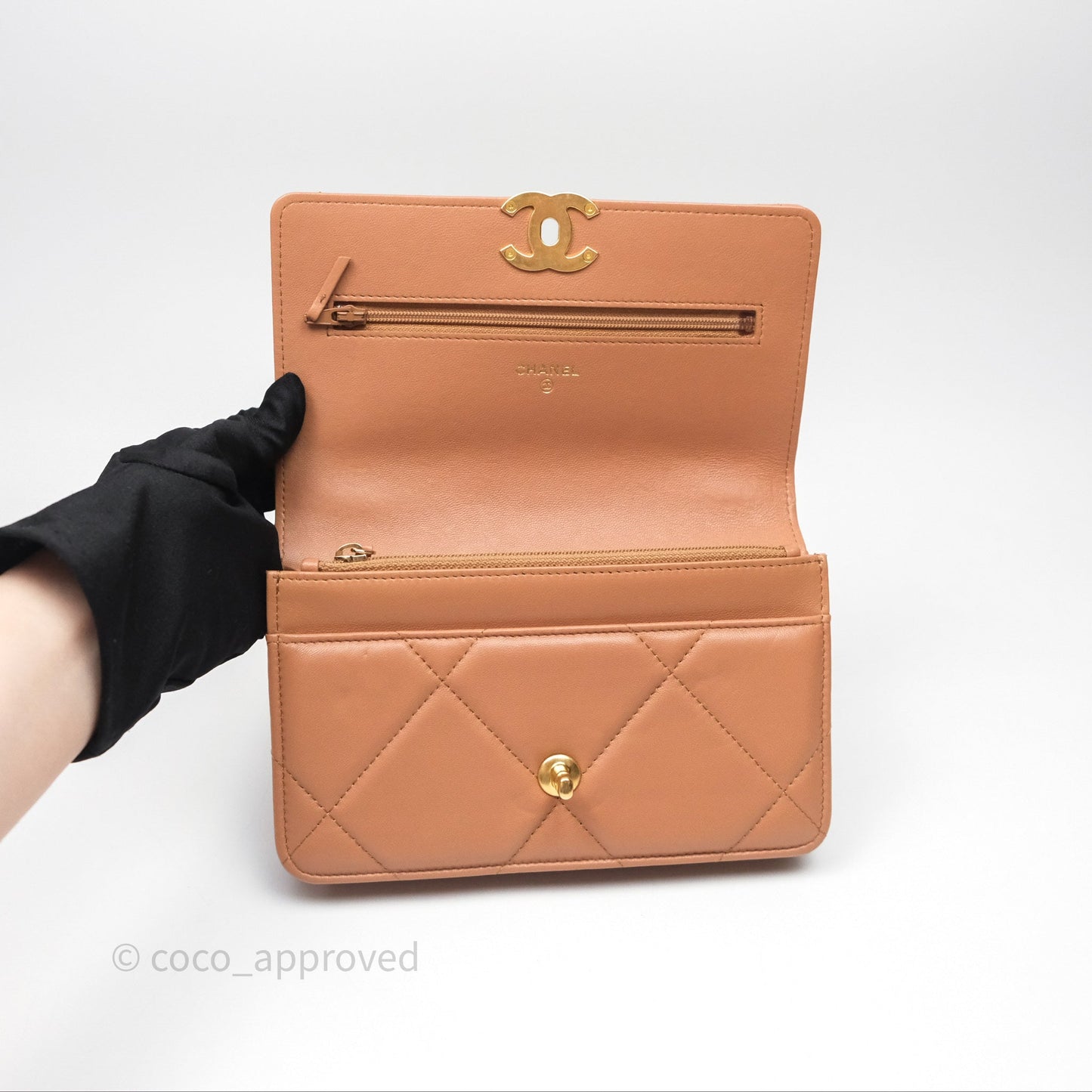 Chanel 19 Wallet on Chain WOC Dark Beige Caramel Lambskin Mixed Hardware