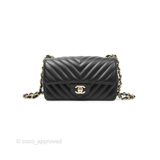Chanel Chevron Mini Rectangular Black Lambskin Aged Gold Hardware