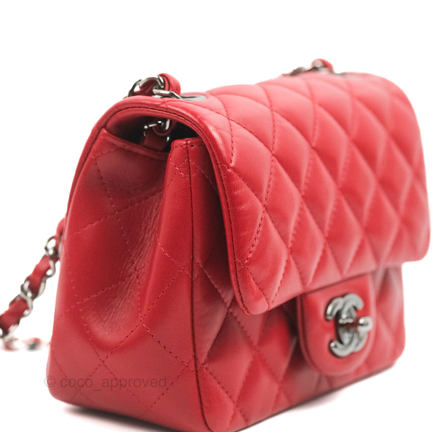 Chanel Quilted Mini Square Red Lambskin Gun Metal