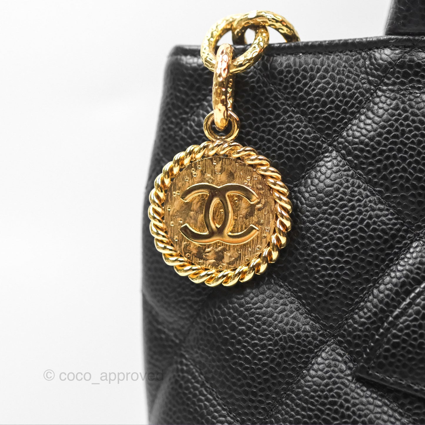 Chanel Vintage Medallion CC Black Caviar Tote Bag Gold Hardware
