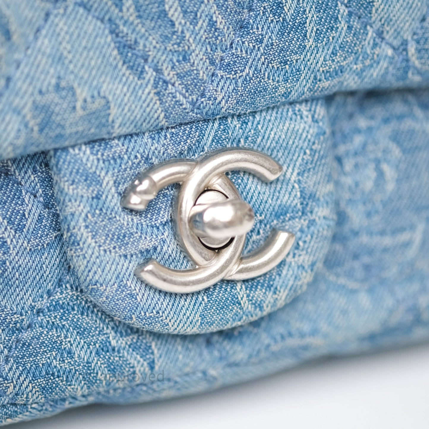 Chanel Mini Camellia Printed Heart Crush Flap Bag Blue Denim Aged Silver Hardware