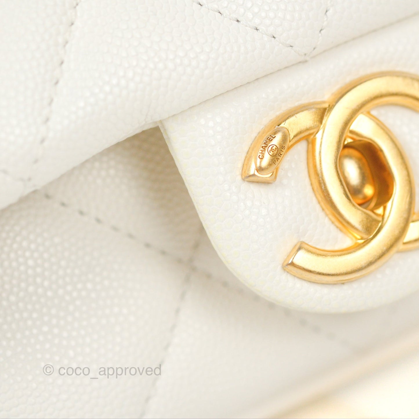 Chanel Mini Flap with Coin Charm White Caviar Aged Gold Hardware 22A
