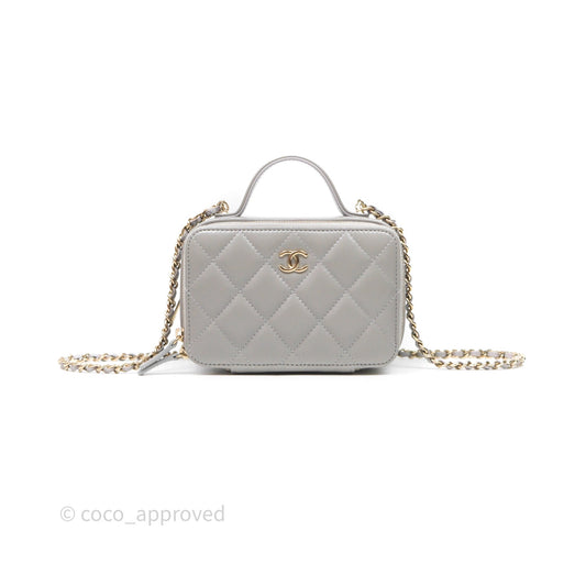 Chanel Mini Top Handle Camera Case Grey Shiny Calfskin Gold Hardware 22B