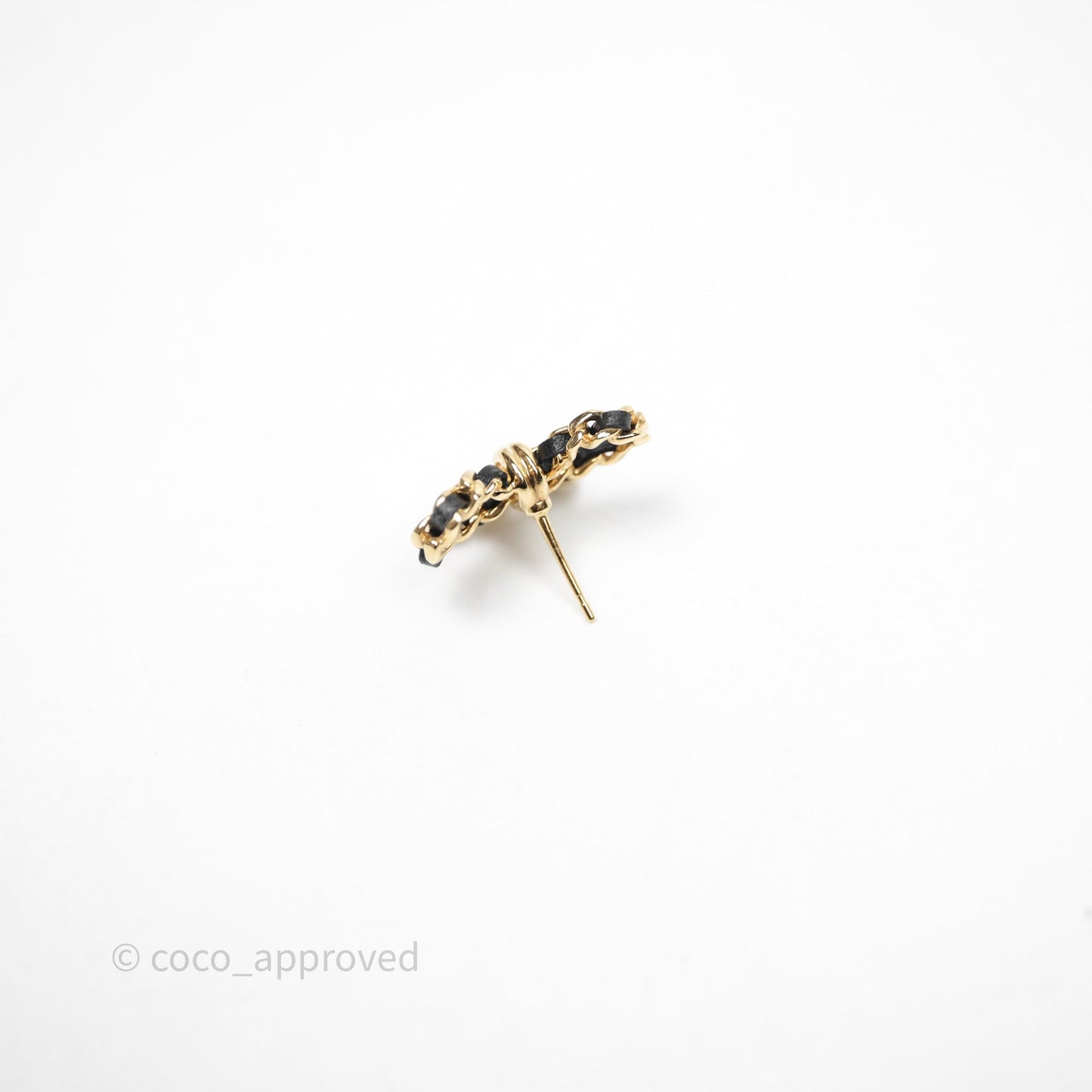Chanel Lambskin Chain Bow Stud Earrings Black Gold Tone 24V