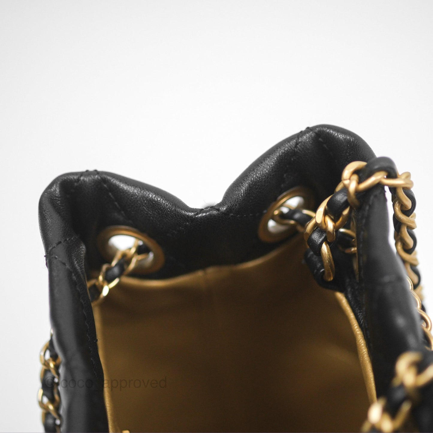 Chanel Pearl Crush Bucket Bag Black Lambskin Aged Gold Hardware 22S