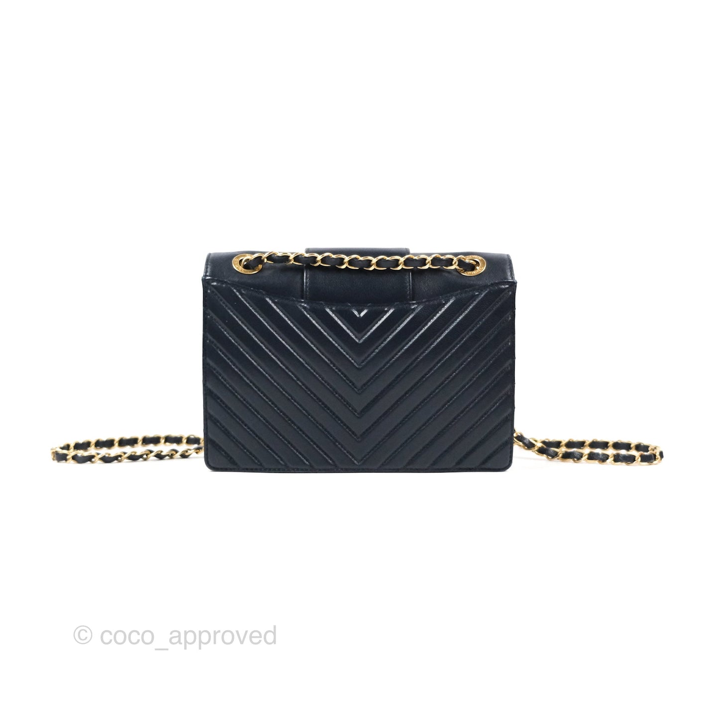 Chanel Mini Collar and Tie Flap Bag Chevron Navy Sheepskin Aged Gold Hardware