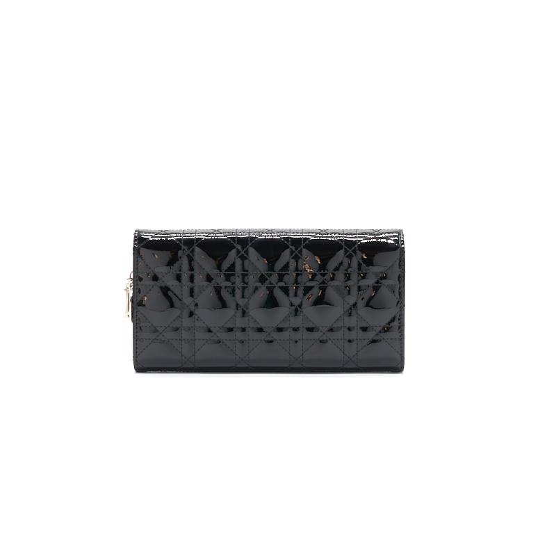 Luxury Dior Patent Leather Long Wallet with Chain Black