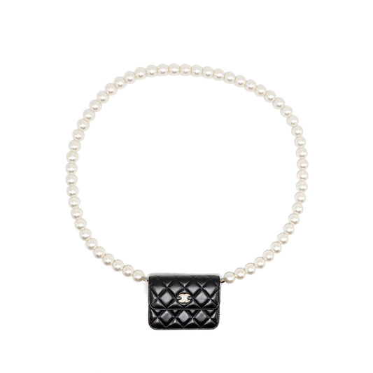 CHANEL Card Holder with Maxi Pearls Chain Lambskin Black LGHW