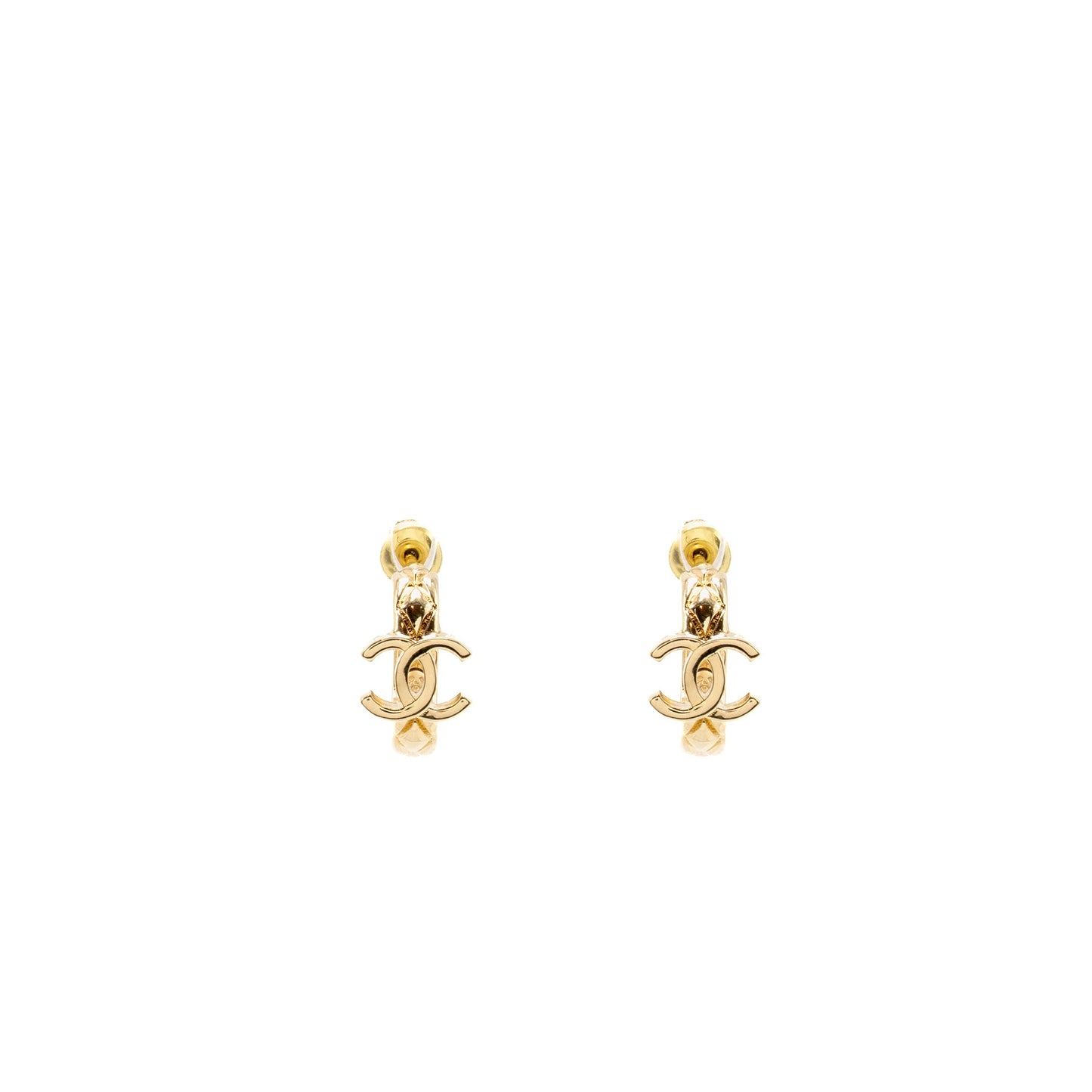 Chanel 26p mini hoop earrings quilted cc logo gold tone