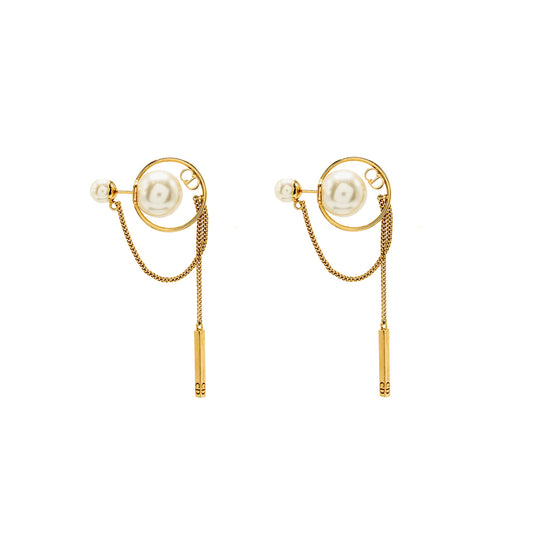 Dior Tribales Dangle Chain Earrings Pearl Gold Tone