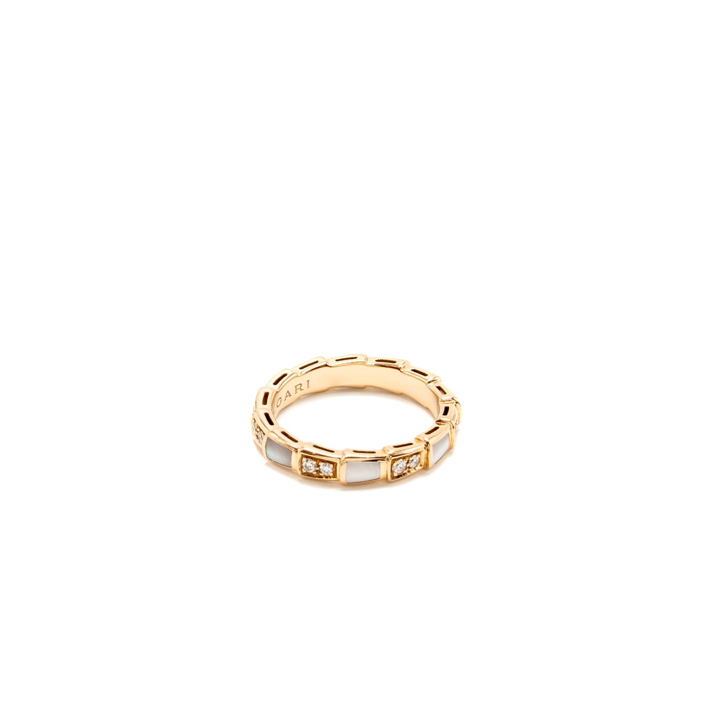 Bvlgari Size 55 Serpenti Viper Ring Mother of Pearl, Rose Gold with Diamonds